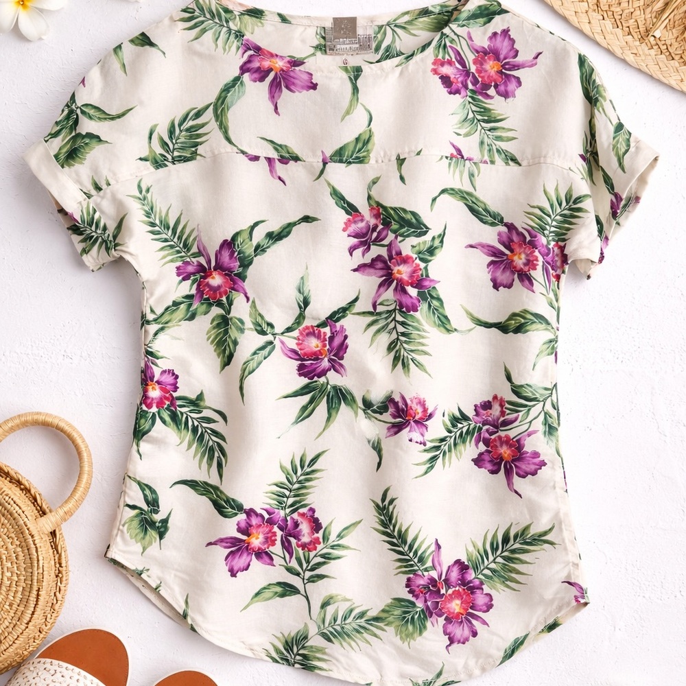 Malama Sophisticates Hawaii XS Floral‎ Orchid Top White Green Purple Aloha Shirt